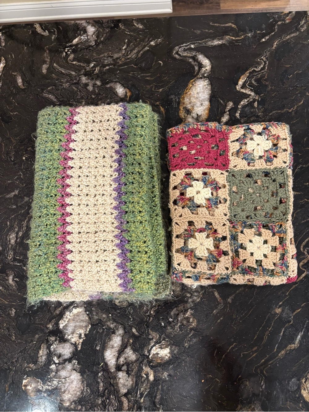Vintage Handcrafted Crocheted blankets in Green, Cream & Pink
